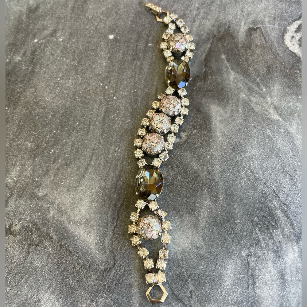 Vintage Estate Abalone Thermoset Silver Rhinestone Crystal Bracelet
